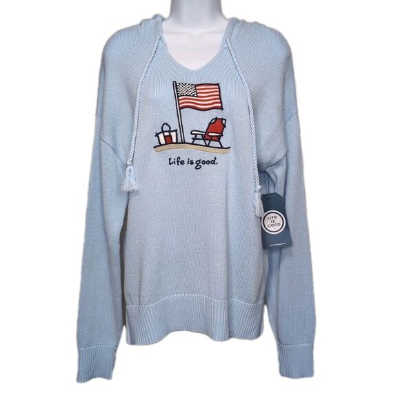 Life Is Good Hoodie Sweater Womens Size L Light Blue American Flag Beach NEW NWT - Picture 1 of 12